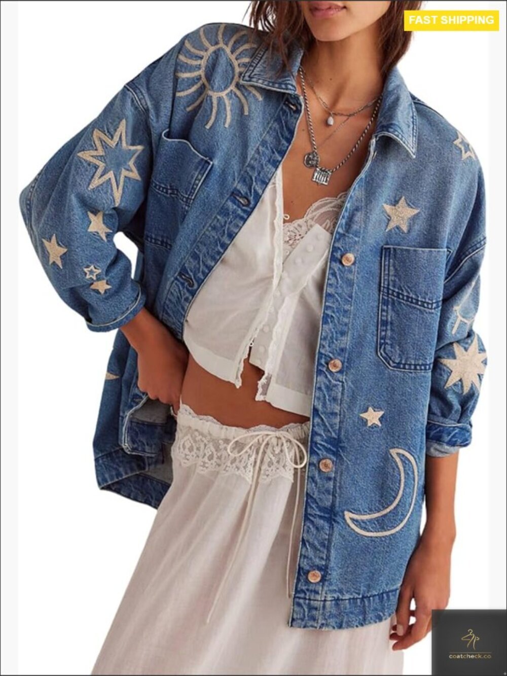 Vintage Oversized Embroidered Denim Jacket Casual Loose Fit Button Down Y2K
